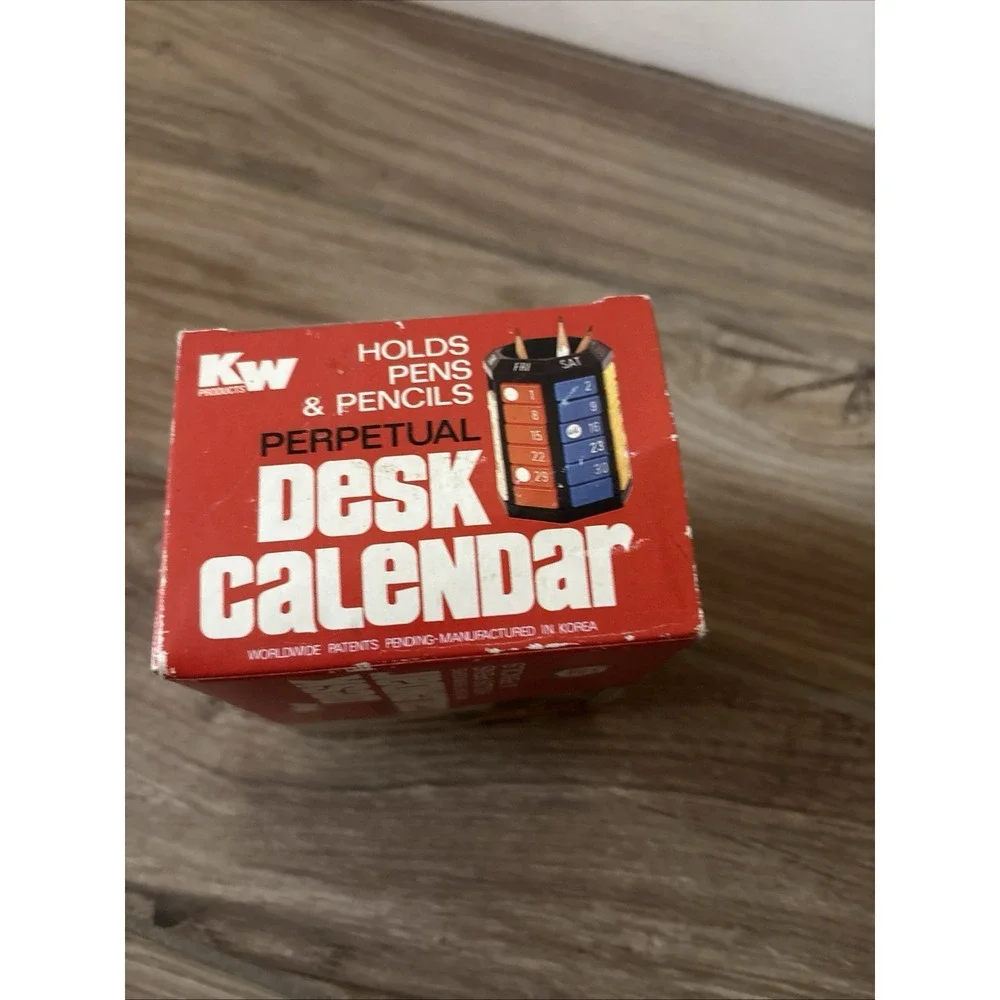 Vintage KW Products Perpetual Desk Calendar Puzzle Pen Holder Coin Bank Korea